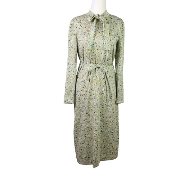 Vintage 70s light green floral print bow tie midi dress S - Picture 1 of 6